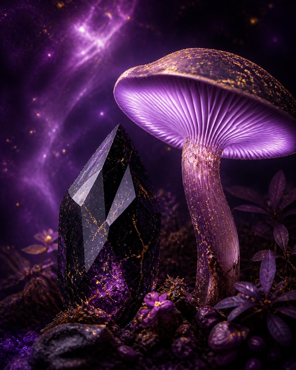 A luminous mushroom beside a faceted obsidian crystal